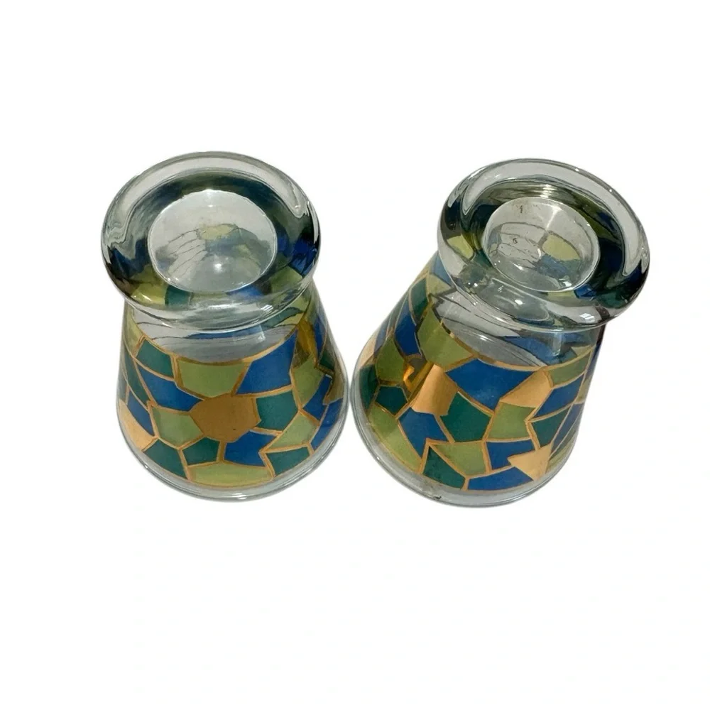 Vintage Style Mosaic Shot Glasses Blue Green Gold Stained Glass Look Set of 2‎